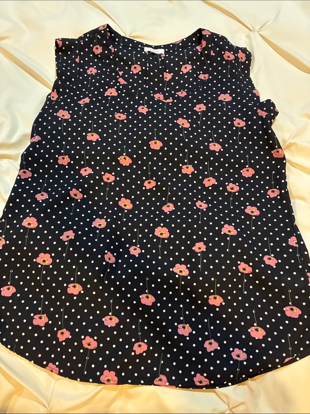Pleione Navy Polka Dot Blouse with Pink Floral Print